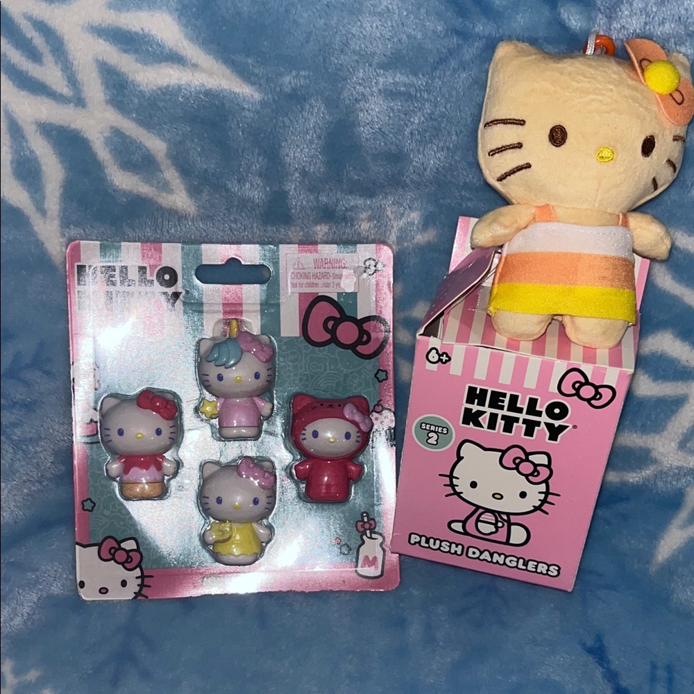 Like New Hello Kitty Plush and Unopened Figurine Set - Pink, Yellow, Blue